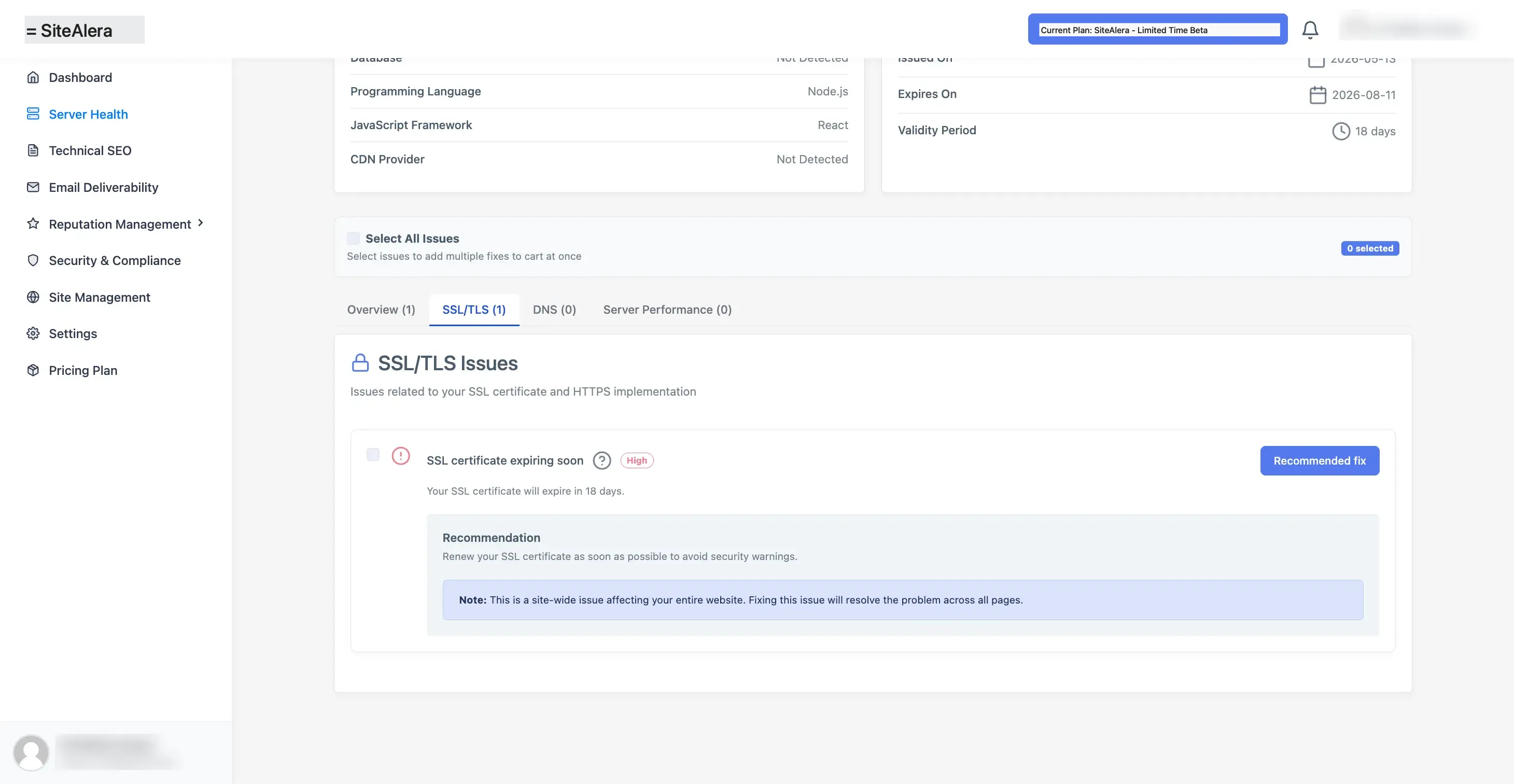 SiteAlera dashboard flagging an upcoming SSL certificate expiry with the Recommended fix button