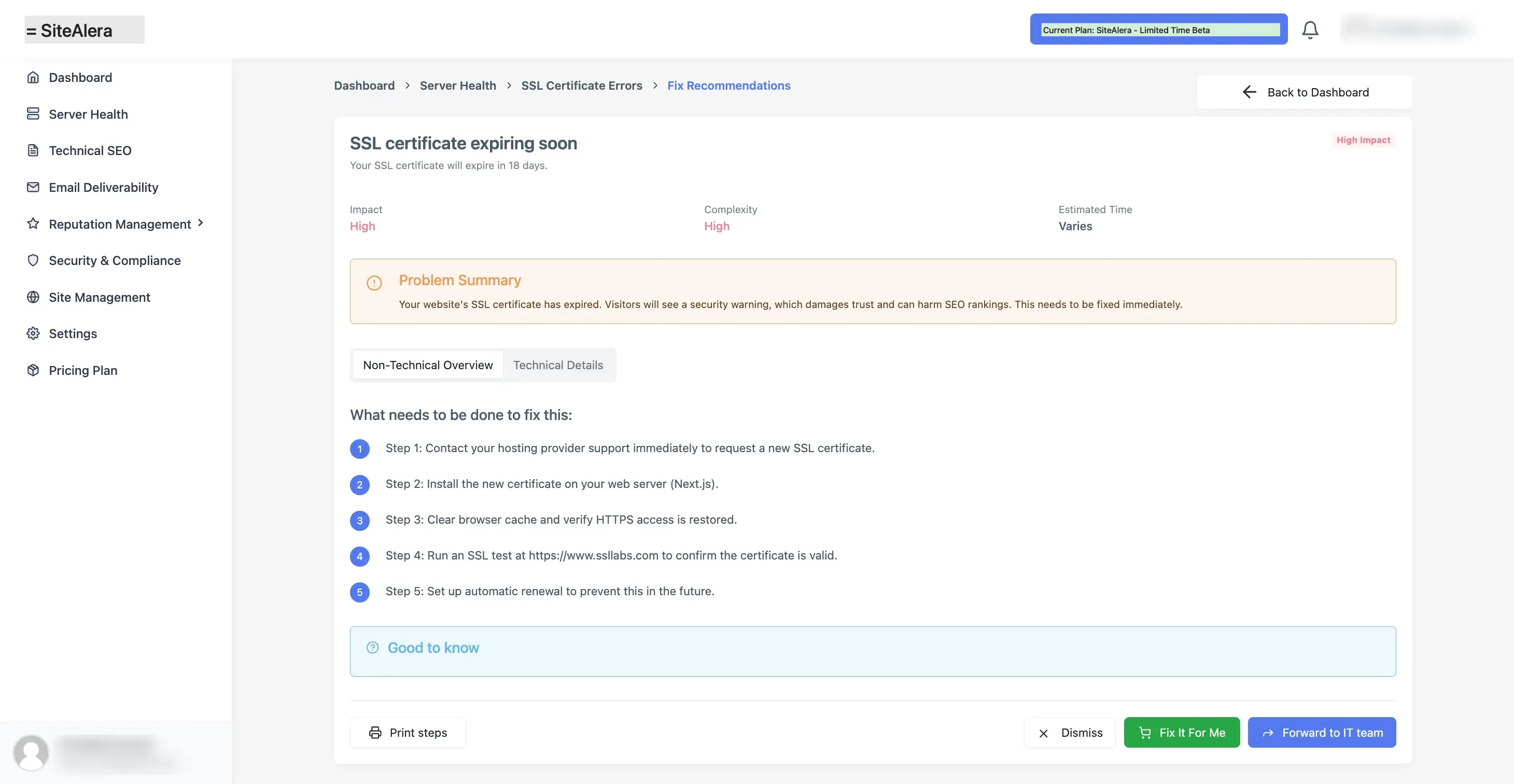 SiteAlera SSL issue - Recommendation Fix