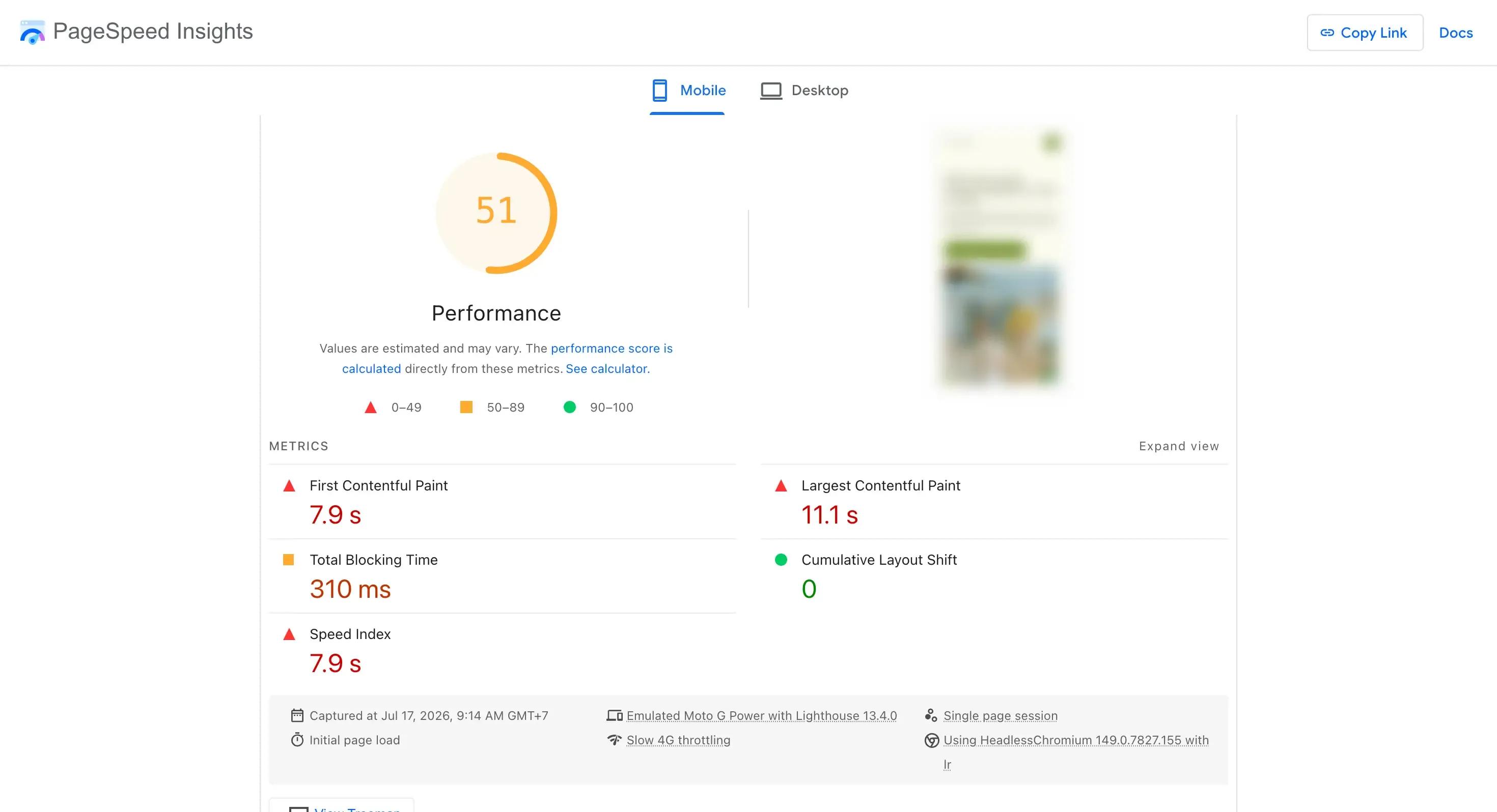 Page speed insight to measure website performance