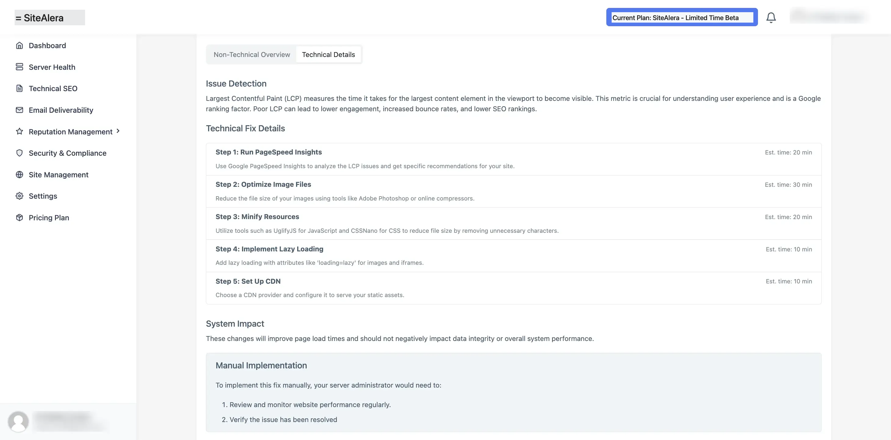 SiteAlera provide plain-English fix instructions tailored to your site's actual setup