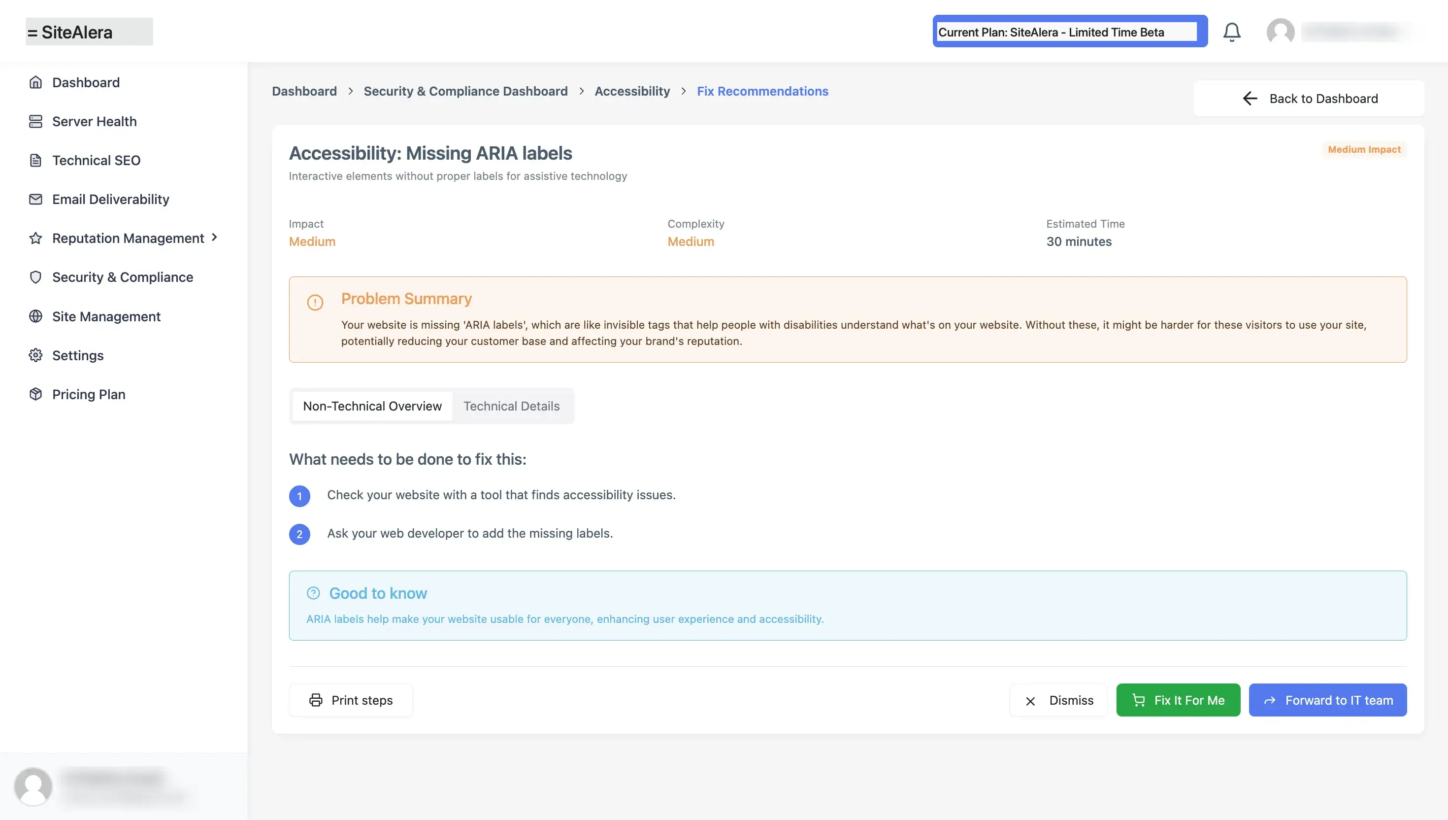 SiteAlera recommended fix guidance